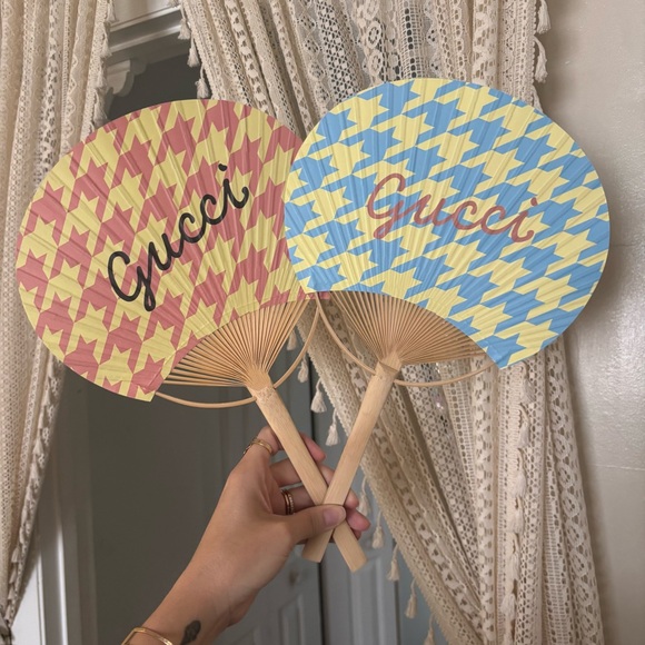 Gucci Houndstooth Patterned Bamboo Paper Fans Blue Yellow Peach Pink Summer Hues